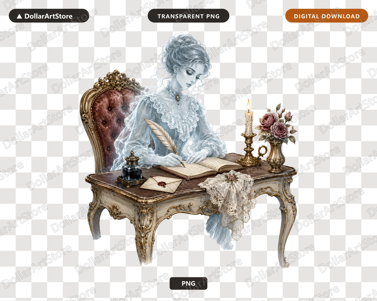 Bookish Ghost PNG, Victorian Spirit Design, Sublimation Digital Download
