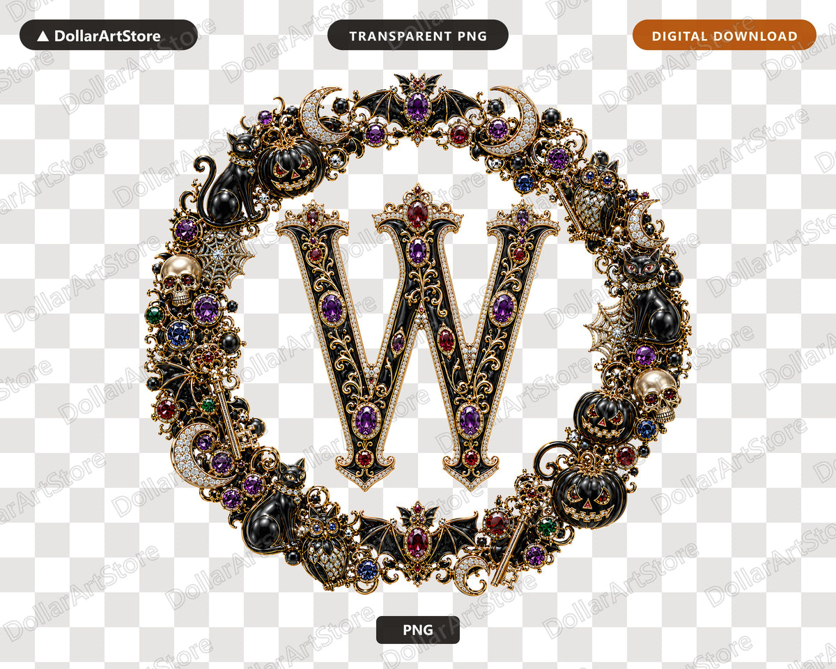 Halloween Monogram W PNG, Gothic Ornate Letter, Sublimation Design