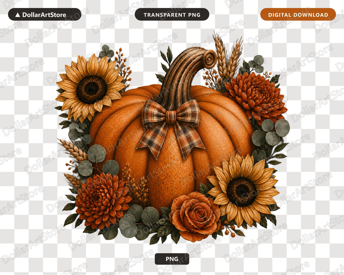 Autumn Pumpkin PNG, Fall Floral Sublimation Design, Shirt Print Digital Download