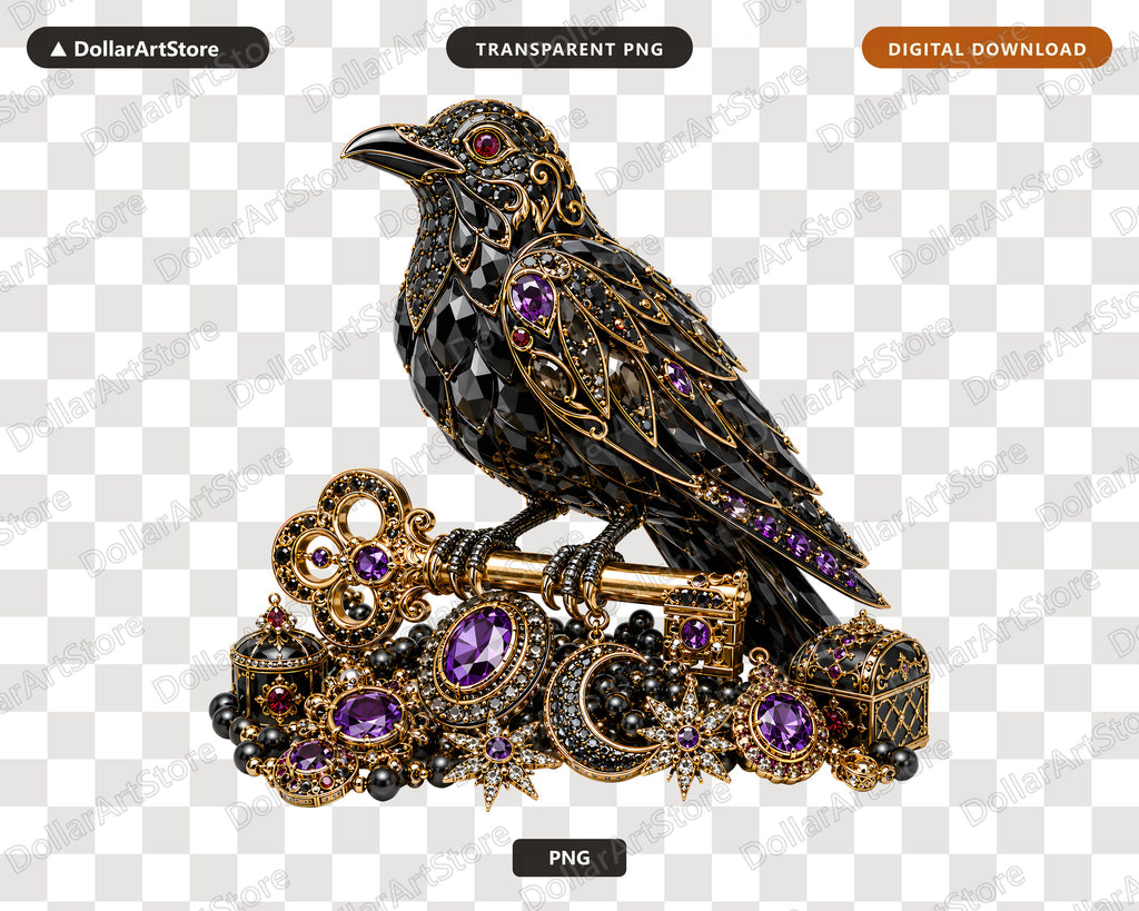 Gothic Raven PNG, Jeweled Black Bird, Ornate Sublimation Design