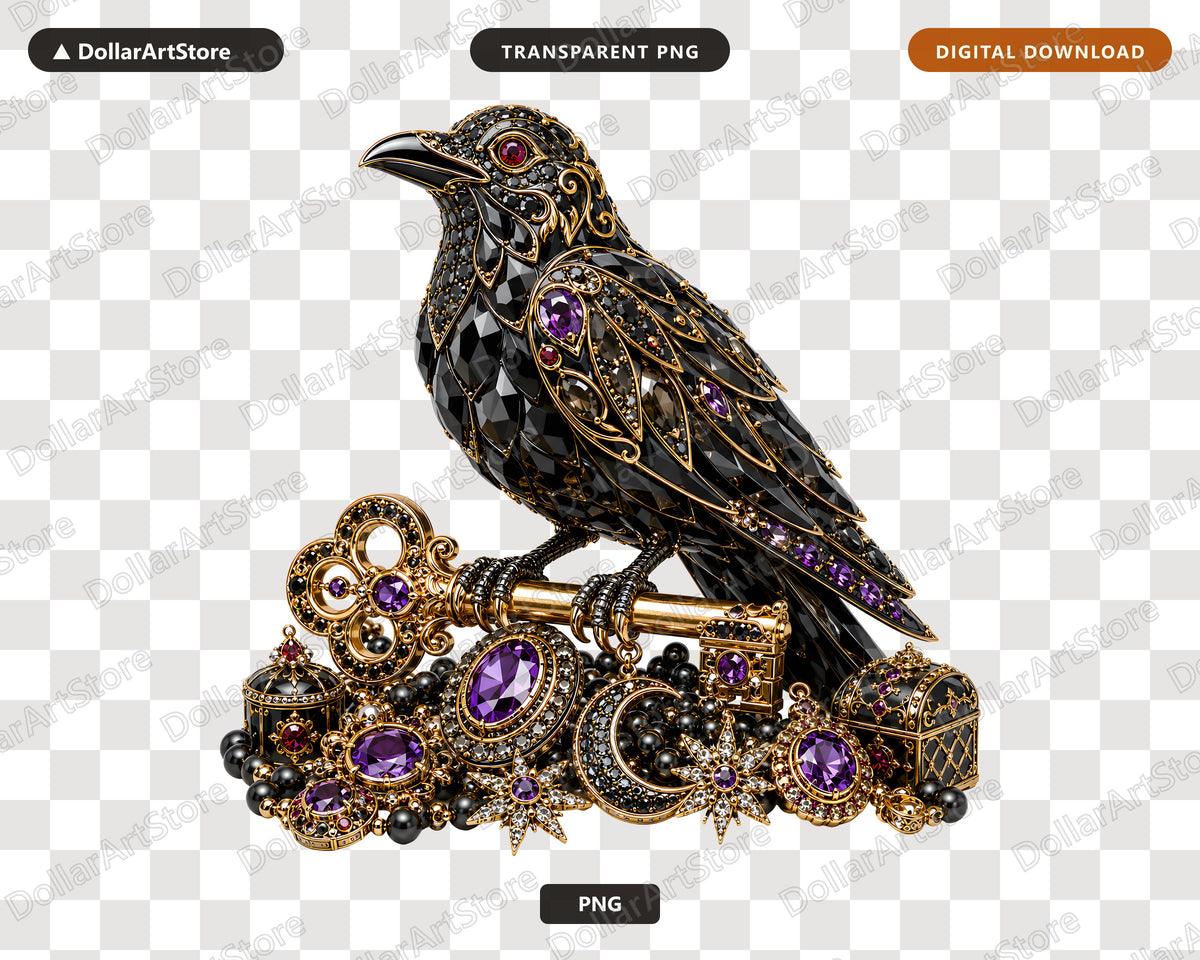 Gothic Raven PNG, Jeweled Black Bird, Ornate Sublimation Design