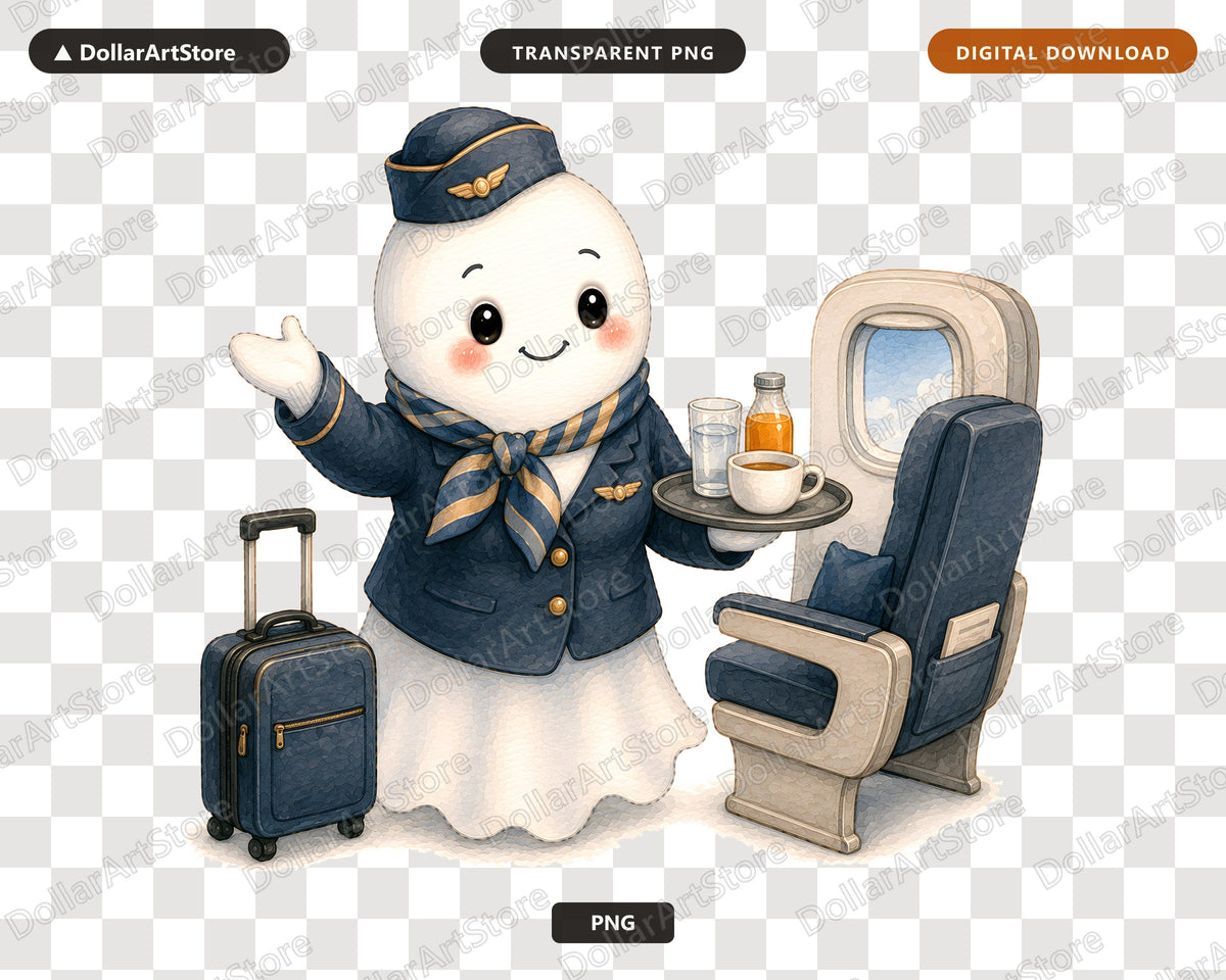 Flight Attendant Ghost PNG, Sublimation Design, Cute Character Digital Download