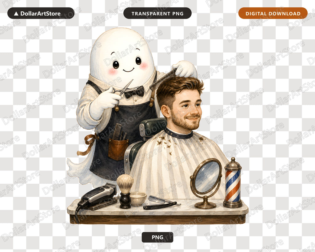 Cute Ghost Barber PNG, Sublimation Design, Shirt Design Digital Download