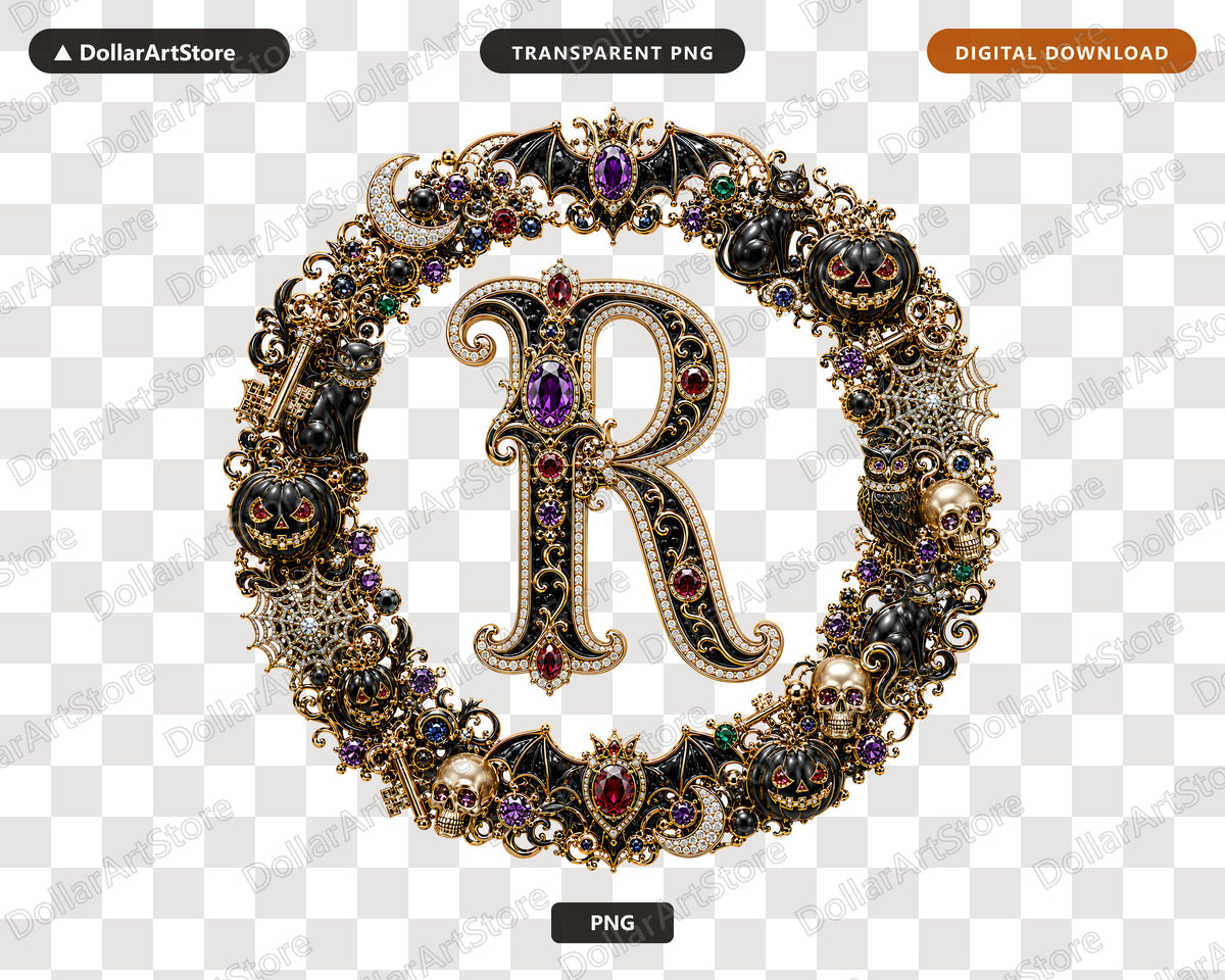 Halloween Monogram R PNG, Ornate Gothic Letter, Sublimation Design Digital Download