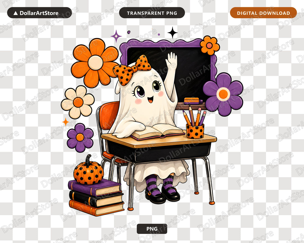 Cute Halloween Ghost PNG, School Desk Design, Sublimation Download