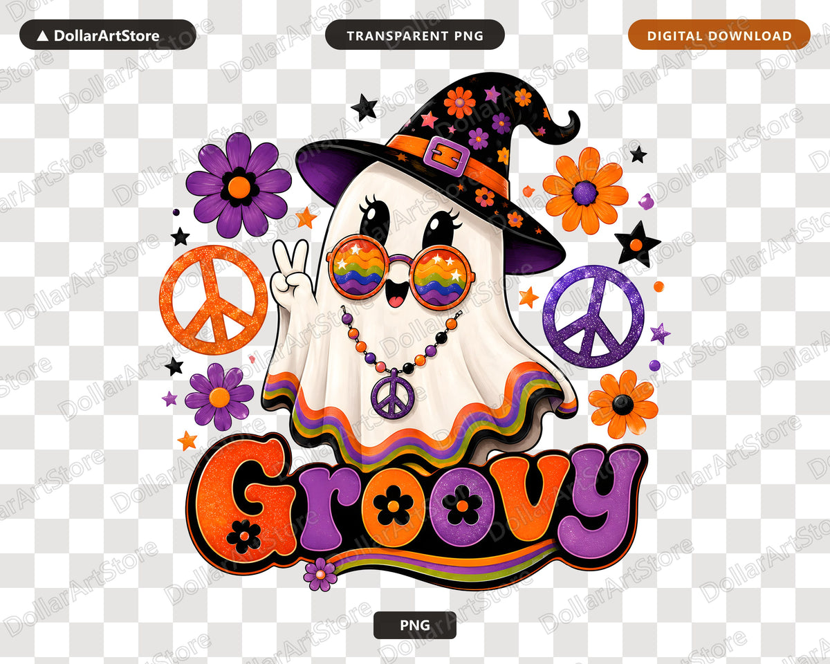 Cute Groovy Ghost PNG, Retro Halloween Shirt Design, Sublimation Instant Download