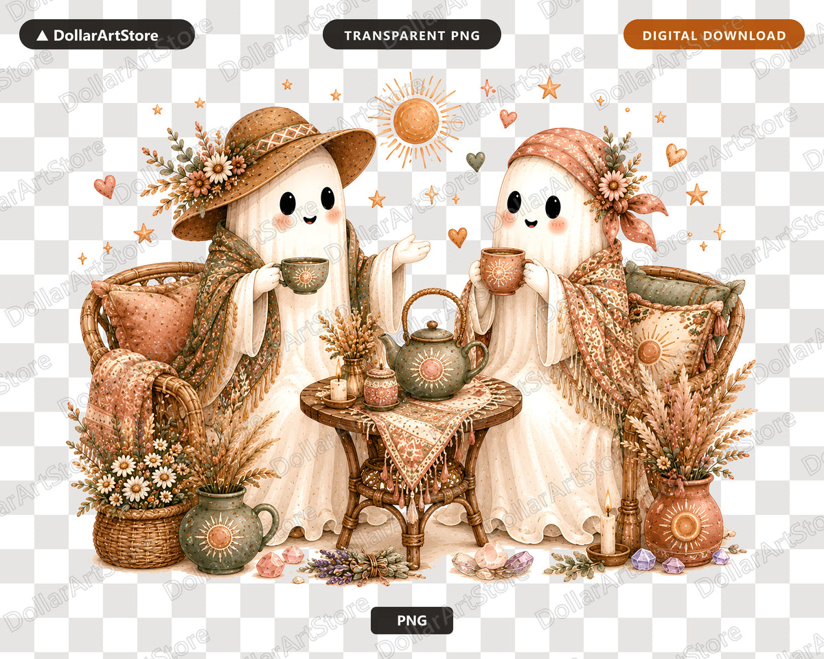 Cute Ghost PNG, Autumn Tea Party, Sublimation Design for Shirts
