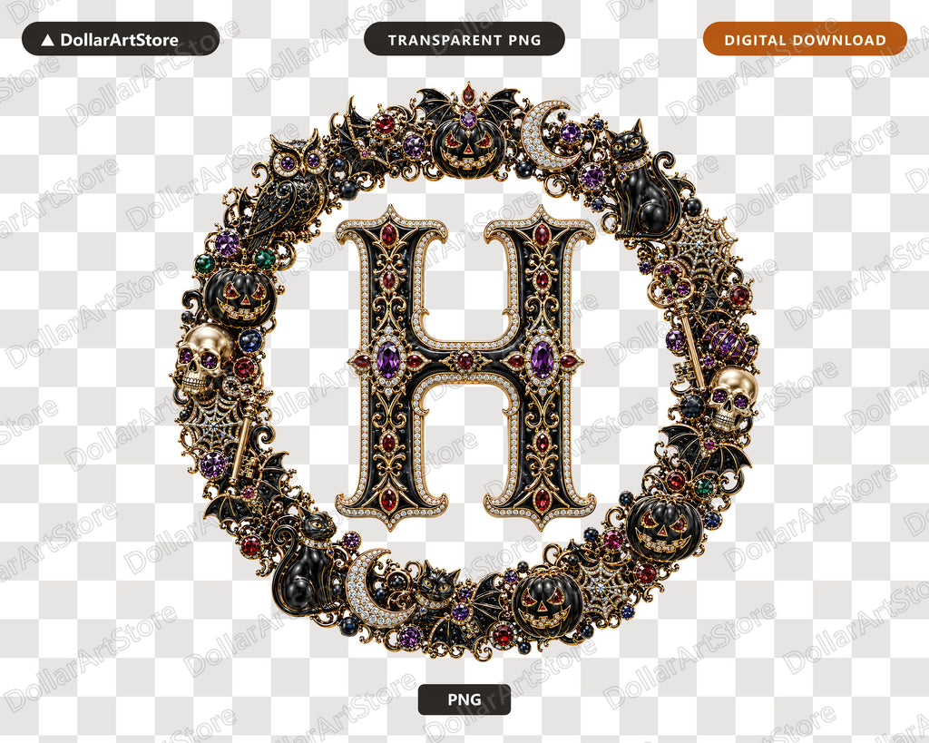 Halloween Letter H Monogram PNG, Ornate Gothic Design, Sublimation Print
