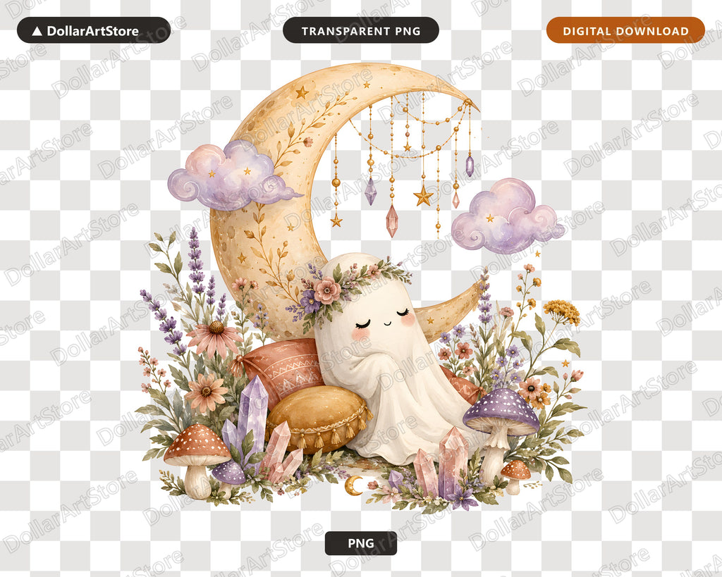 Boho Ghost PNG Sublimation Design, Whimsical Moon Art Digital Download