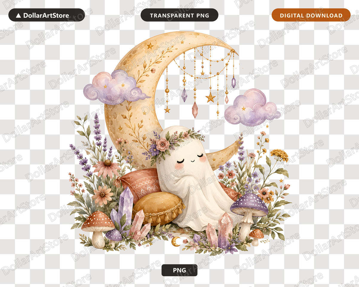 Boho Ghost PNG Sublimation Design, Whimsical Moon Art Digital Download