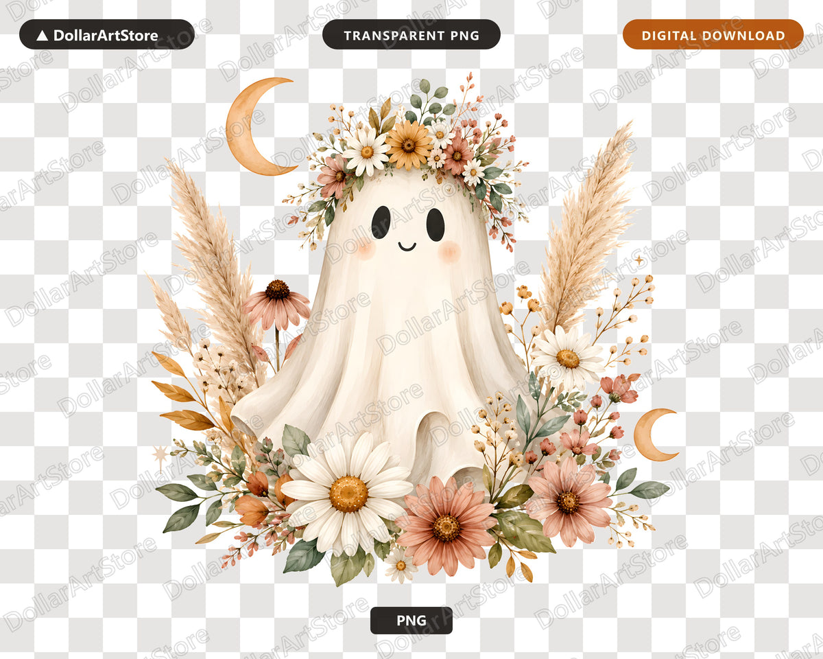 Boho Ghost PNG, Autumn Floral Sublimation Design, Fall Shirt Design Digital Download