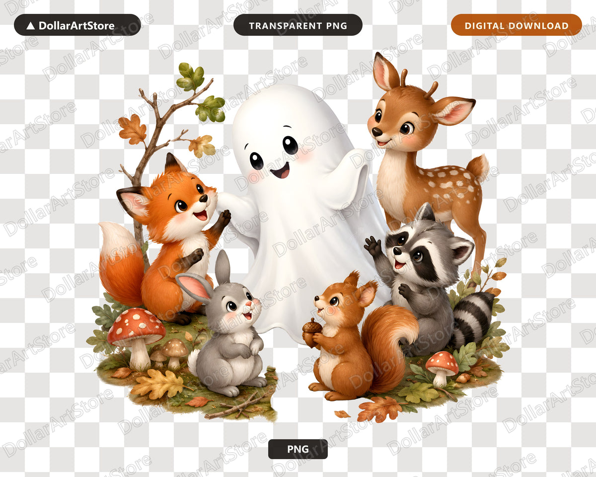 Cute Halloween Ghost PNG, Woodland Animals Sublimation Design, Shirt Print Digital Download