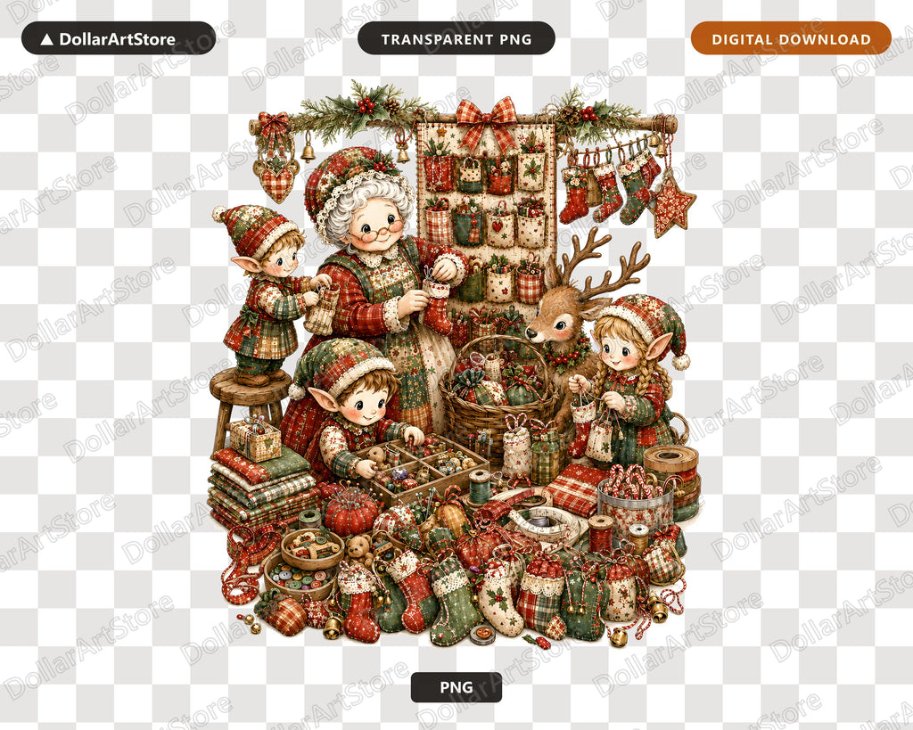 Santa Patchwork PNG, Vintage Christmas Elves, Sublimation Design Digital Download
