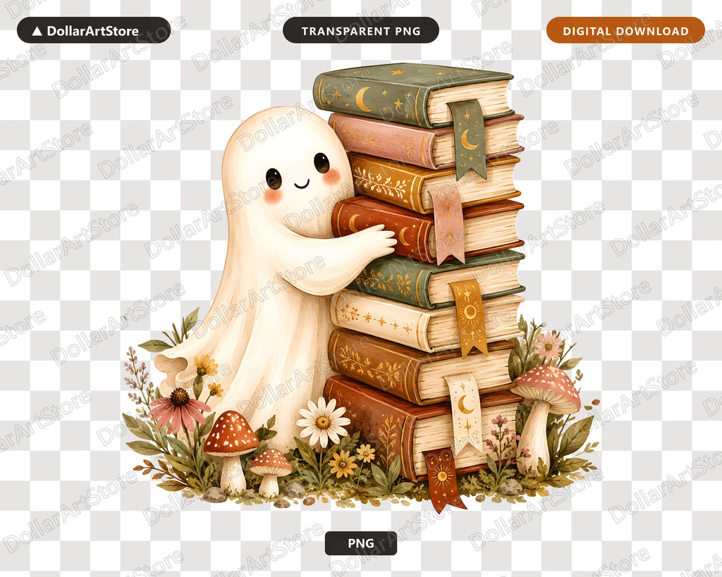 Bookish Ghost PNG, Whimsical Library Design, Sublimation Download