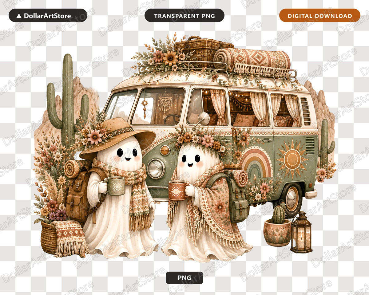 Boho Ghost PNG Sublimation Design, Vintage Van Shirt Print, Digital Download
