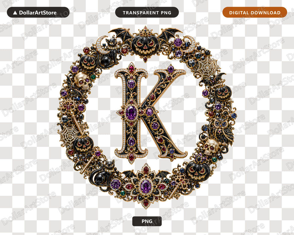 Letter K Halloween Monogram PNG, Luxury Gothic Design, Sublimation Download