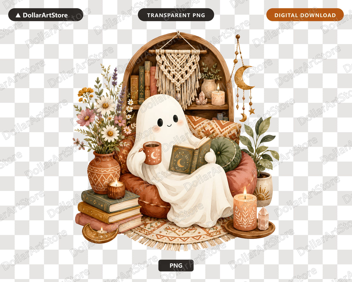 Bookish Ghost PNG, Cozy Reading Design, Sublimation PNG Digital Download