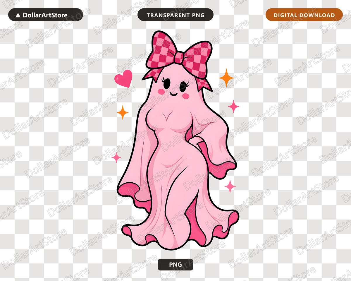 Cute Pink Ghost PNG Sublimation Design, Bow Checkered Shirt Print Digital Download
