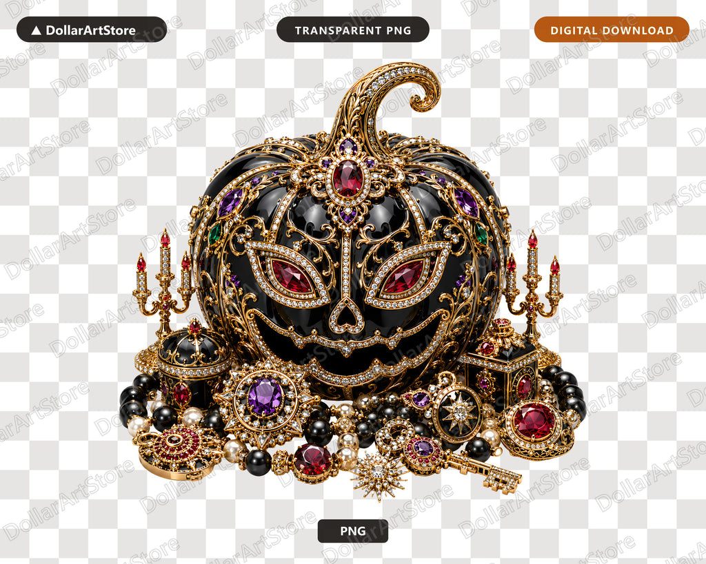 Luxury Gothic Halloween Pumpkin PNG, Ornate Jeweled Sublimation Design