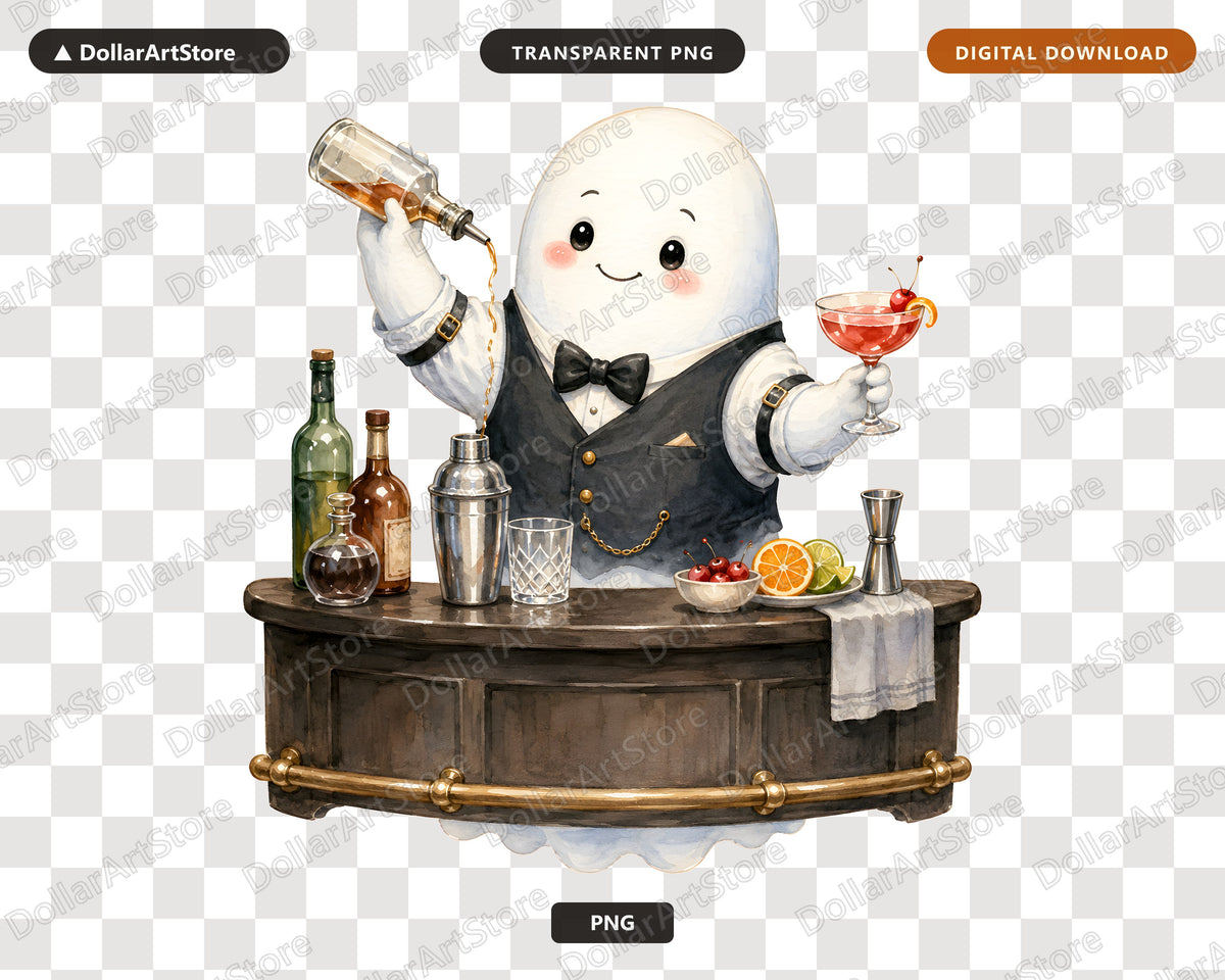 Cute Bartender Ghost PNG, Sublimation Design, Digital Download