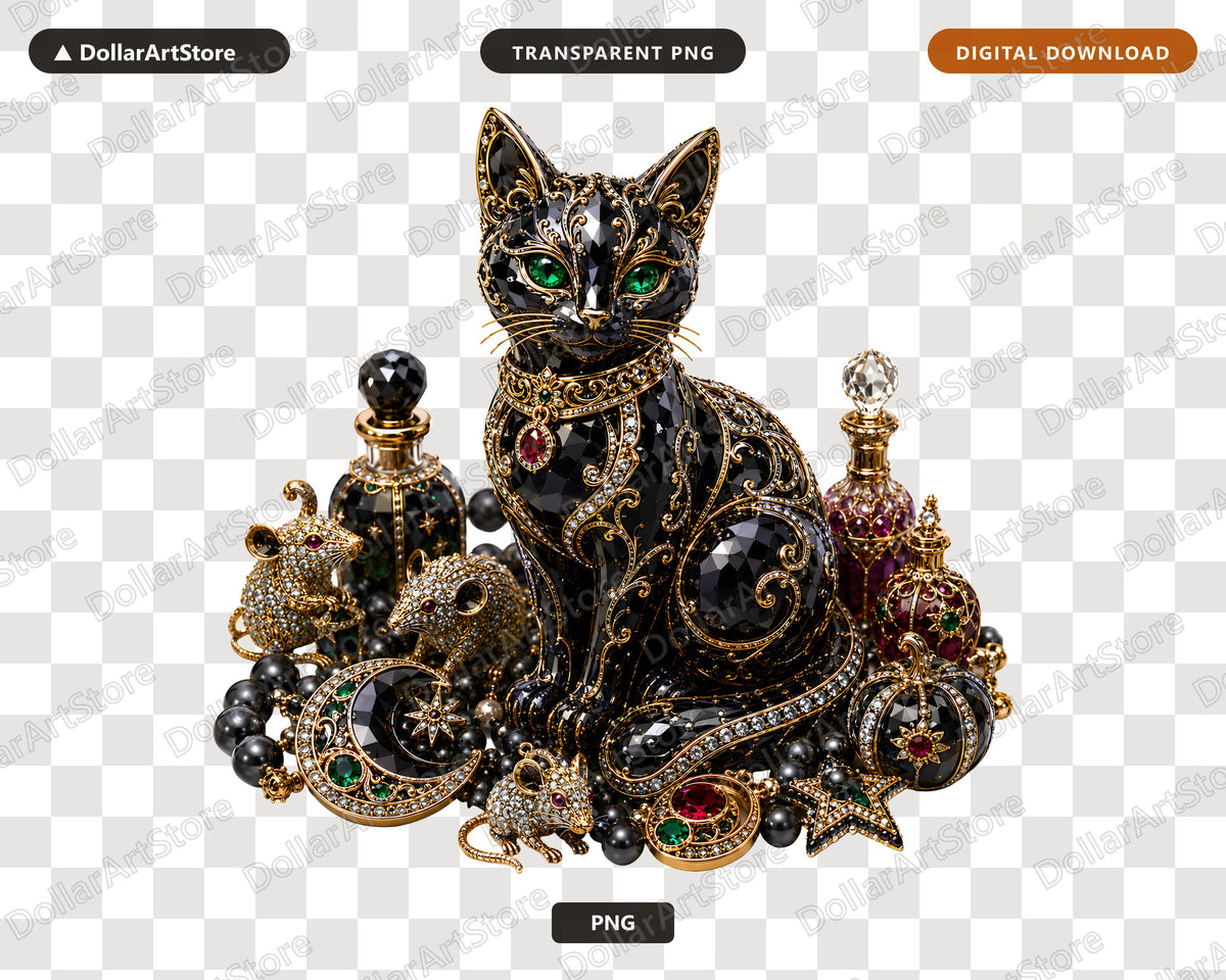 Gothic Black Cat PNG, Luxury Ornate Design, Sublimation Shirt Design Digital Download