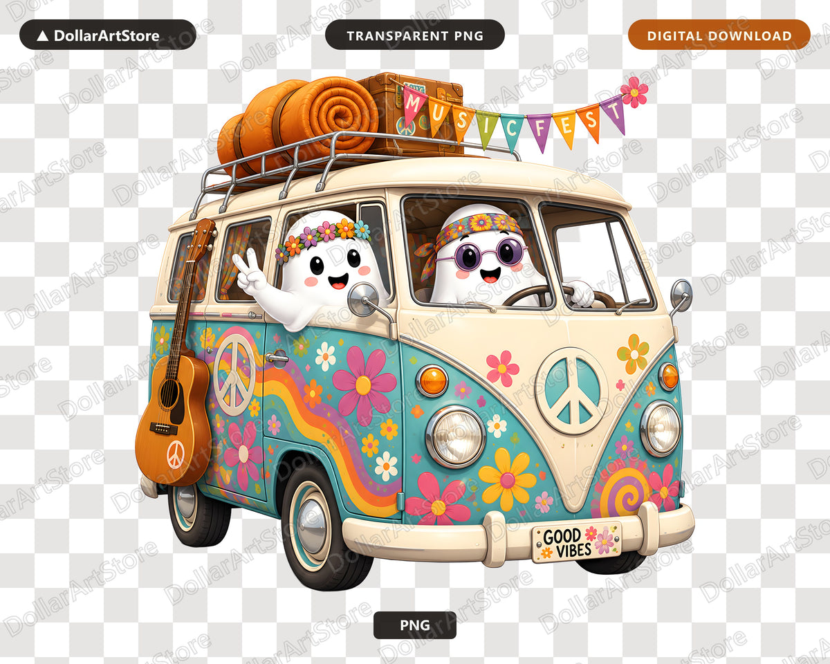 Retro Hippie Van PNG, Cute Ghost Characters, Sublimation Design Digital Download