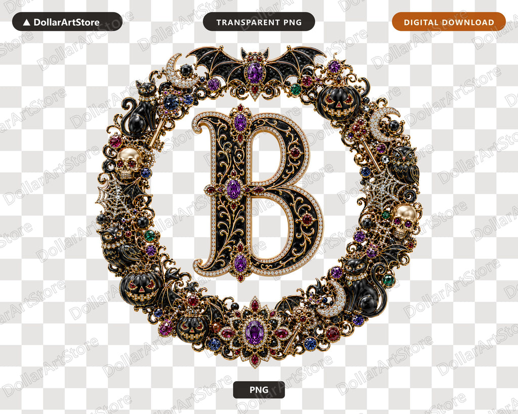 Letter B Halloween Monogram PNG, Gothic Jewelry Design, Sublimation Download