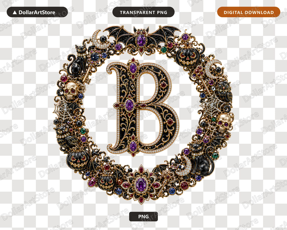 Letter B Halloween Monogram PNG, Gothic Jewelry Design, Sublimation Download