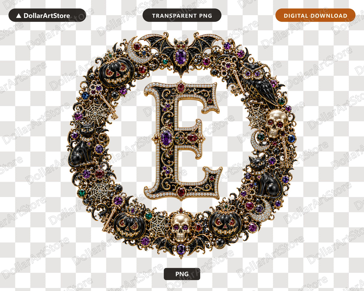Letter E Halloween Monogram PNG, Ornate Gothic Jewelry Design, Sublimation Download