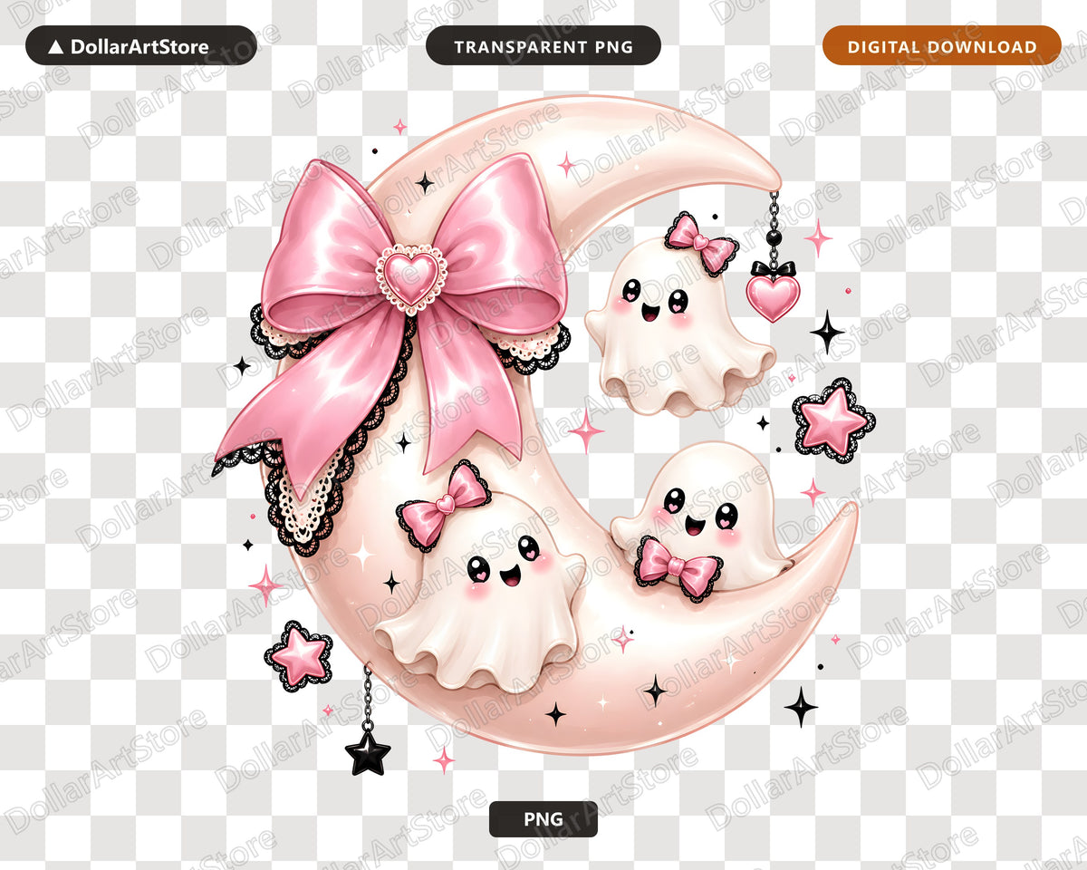 Cute Ghost PNG Sublimation Design, Pink Bow Moon, Shirt & Tumbler Print