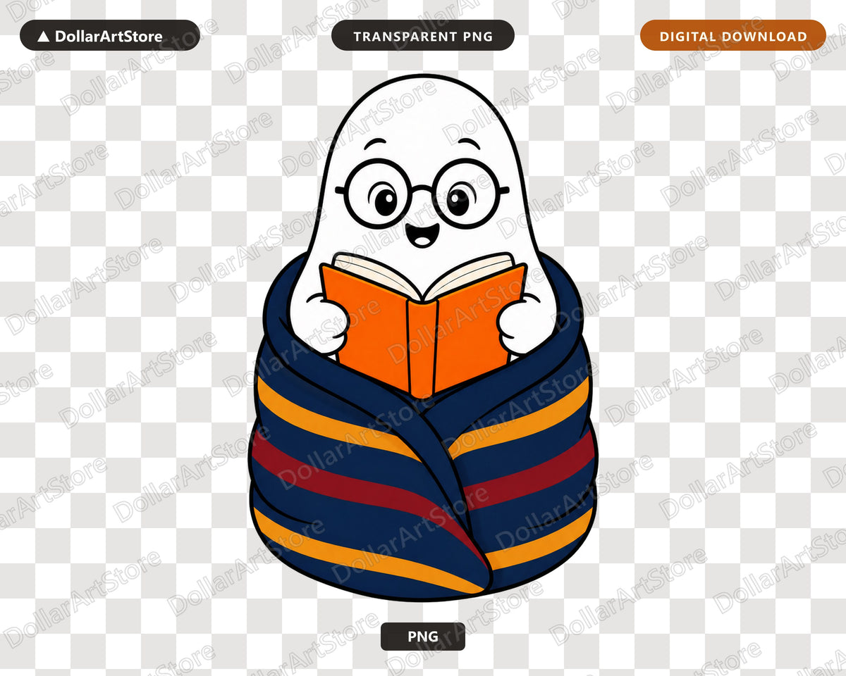 Bookish Ghost PNG, Cute Reading Character Design, Sublimation Digital Download