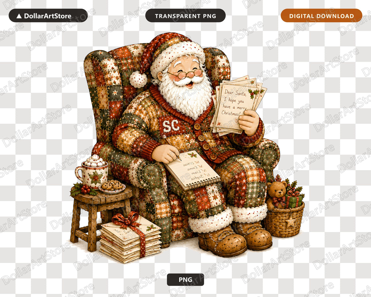 Santa Patchwork PNG, Vintage Christmas Design, Sublimation Shirt Print