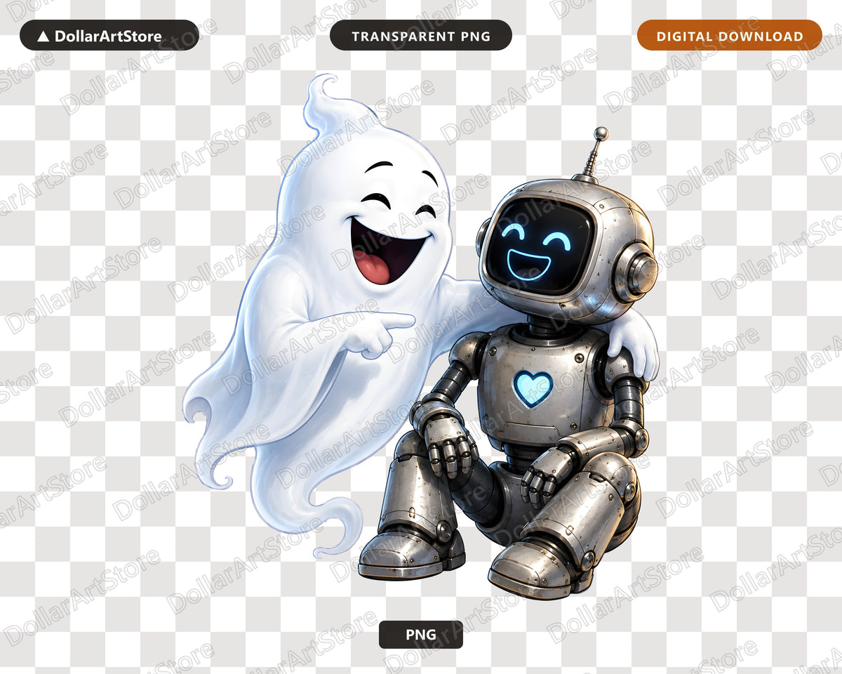 Cute Halloween Ghost and Robot PNG, Sublimation Shirt Design Digital Download