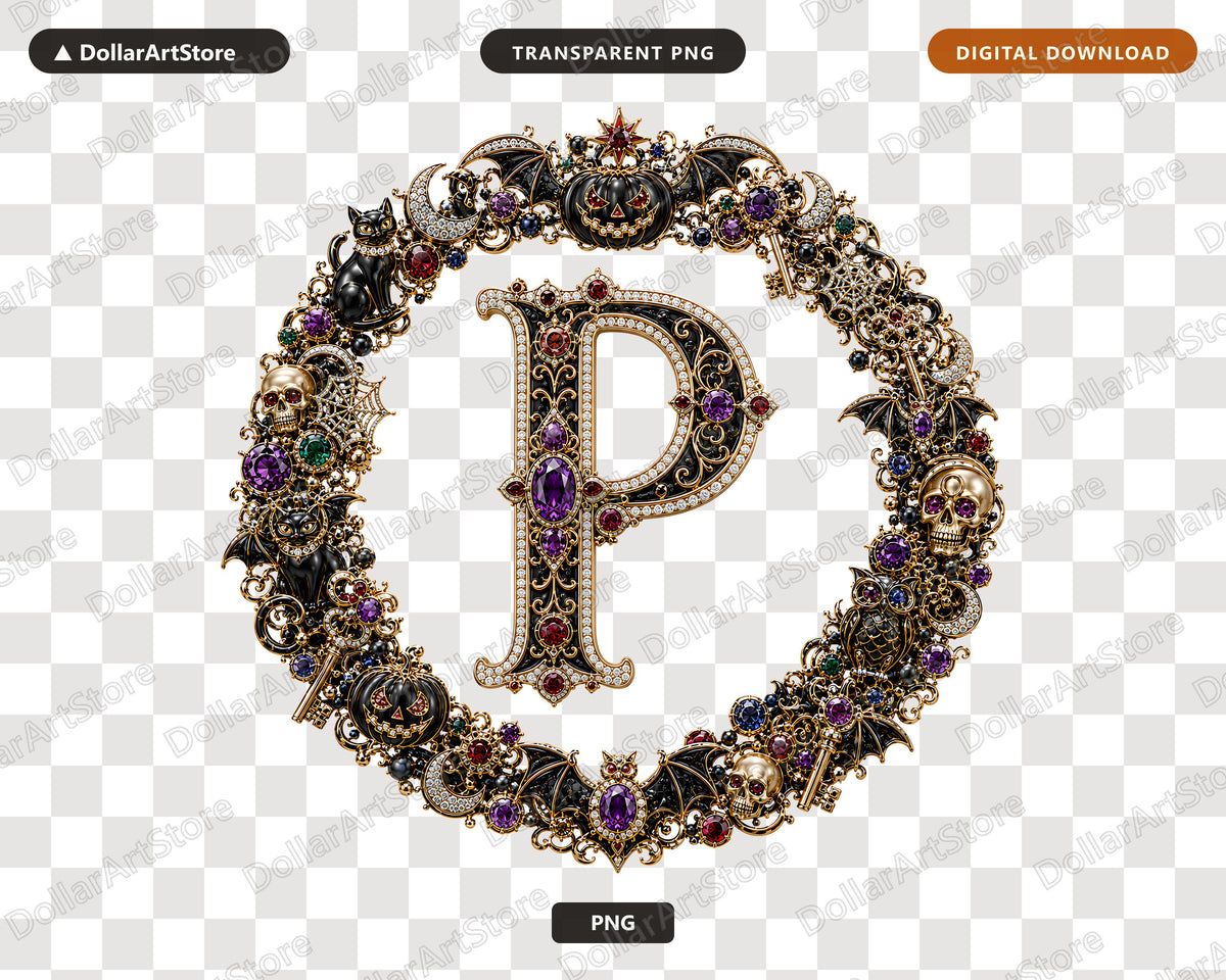 Halloween Monogram Letter P PNG, Gothic Sublimation Design, Shirt Print Digital Download
