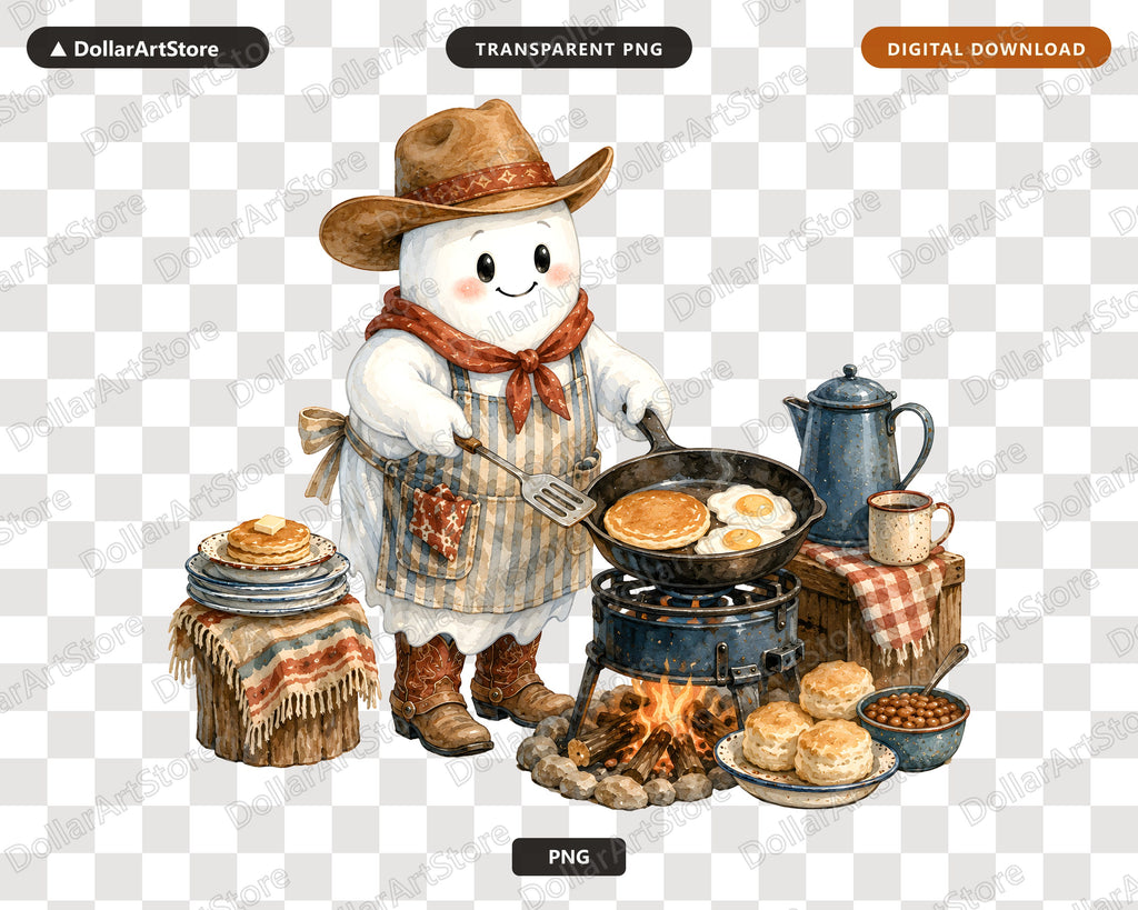 Western Cowboy Ghost PNG, Sublimation Design, Campfire Cooking Digital Download