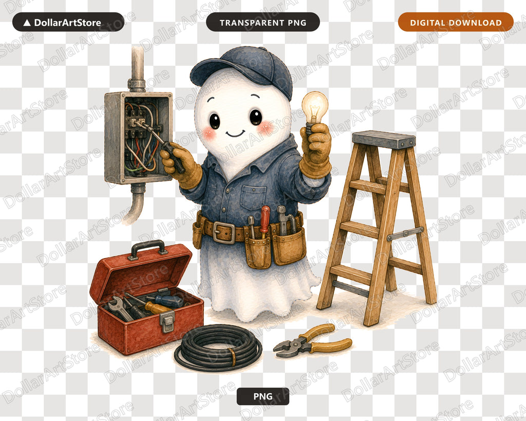 Electrician Ghost PNG, Cute Worker Character Sublimation Design Digital Download