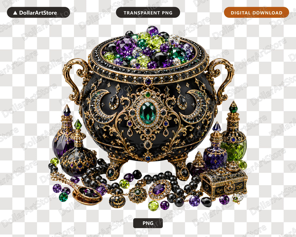 Gothic Witch's Cauldron PNG, Ornate Jewelry Design, Sublimation Print