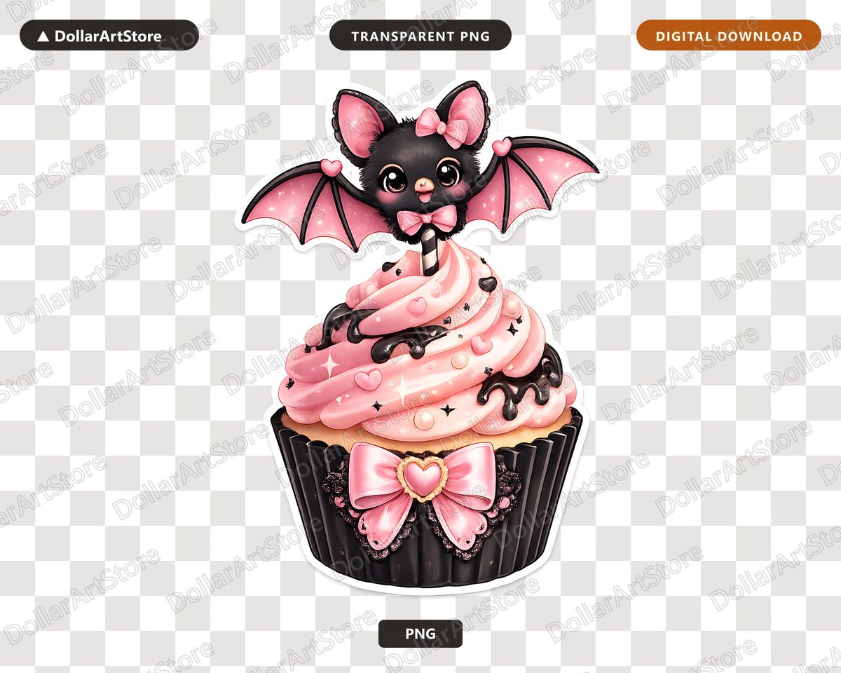 Coquette Bat Cupcake PNG, Sublimation Design, Cute Halloween Shirt Print