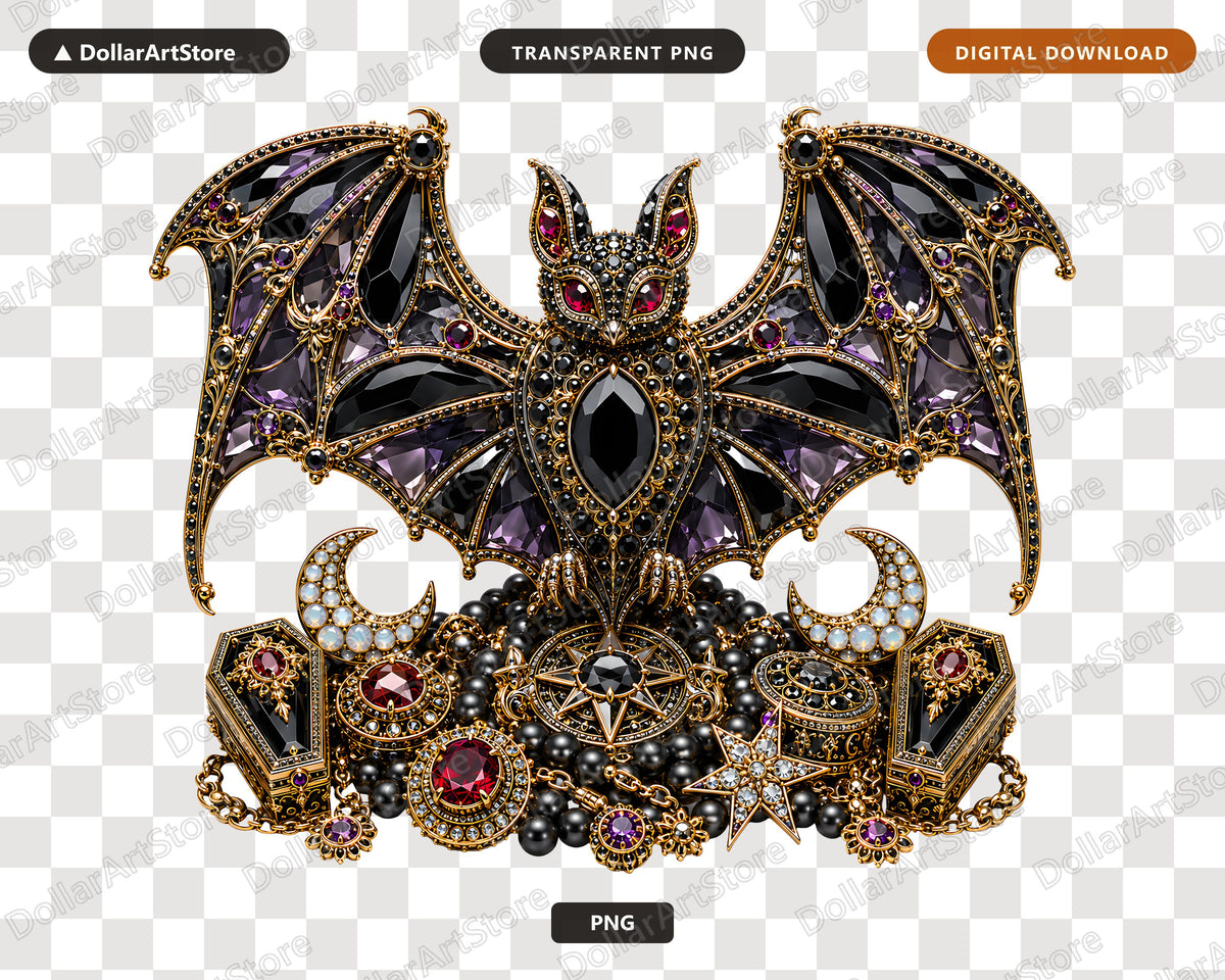 Gothic Bat PNG, Ornate Jeweled Design, Sublimation Shirt & Tumbler Print