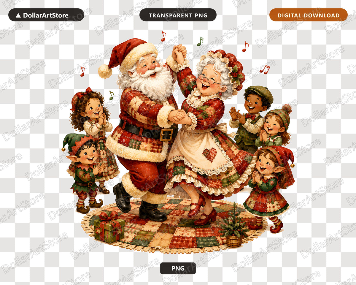 Vintage Christmas PNG, Santa Mrs Claus Elves, Sublimation Design Digital Download