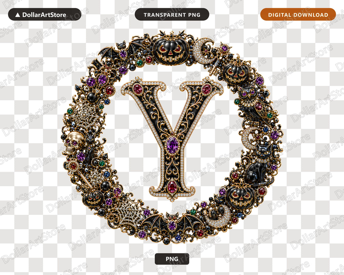 Halloween Monogram Y PNG, Gothic Jewelry Letter Design, Sublimation Shirt PNG