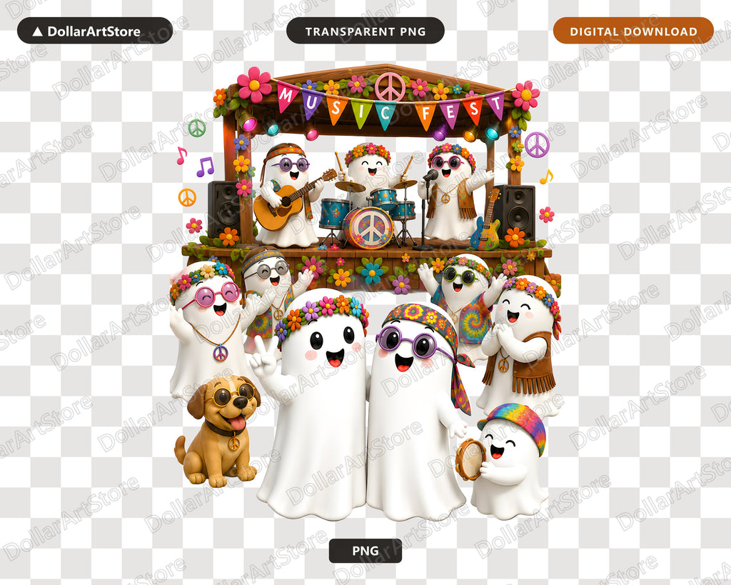 Cute Halloween Ghost PNG Sublimation Design, Groovy Music Festival Shirt Design Digital Download