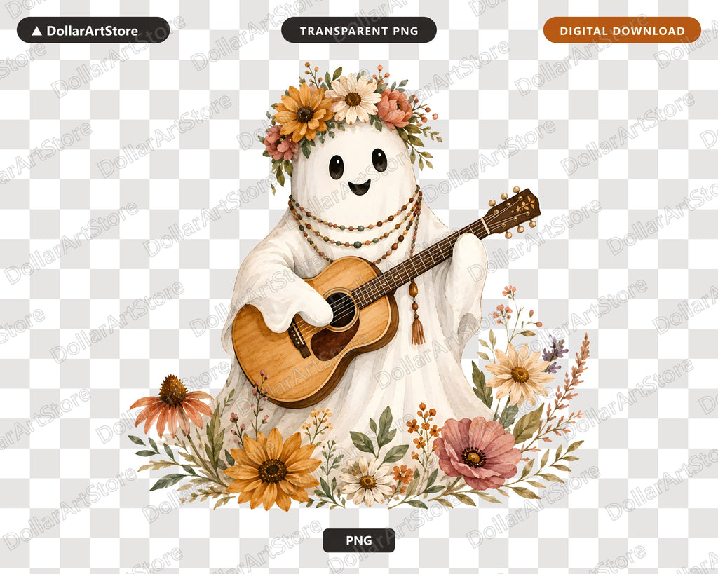 Boho Ghost PNG Sublimation Design, Acoustic Guitar Fall Floral Shirt Design