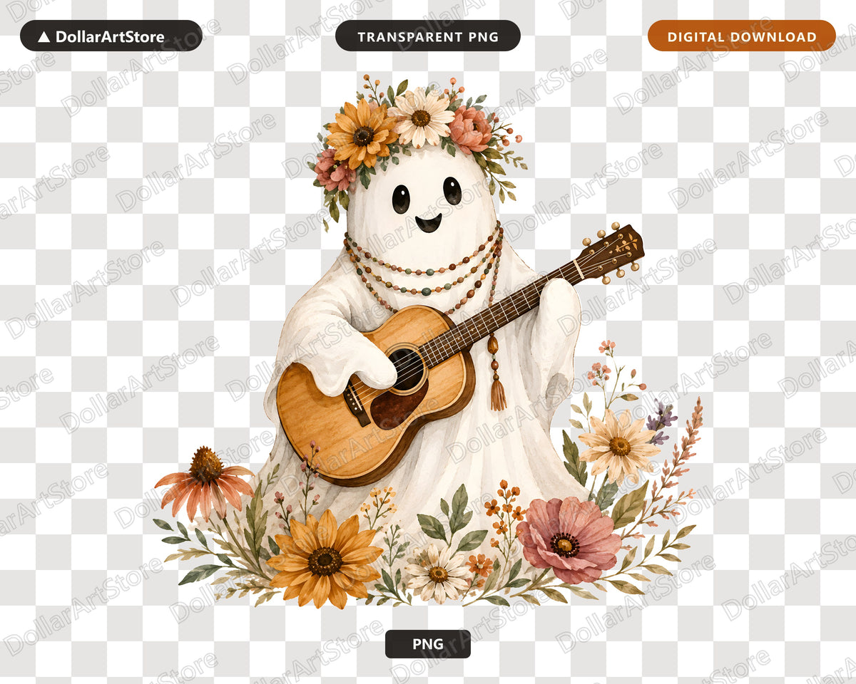 Boho Ghost PNG Sublimation Design, Acoustic Guitar Fall Floral Shirt Design
