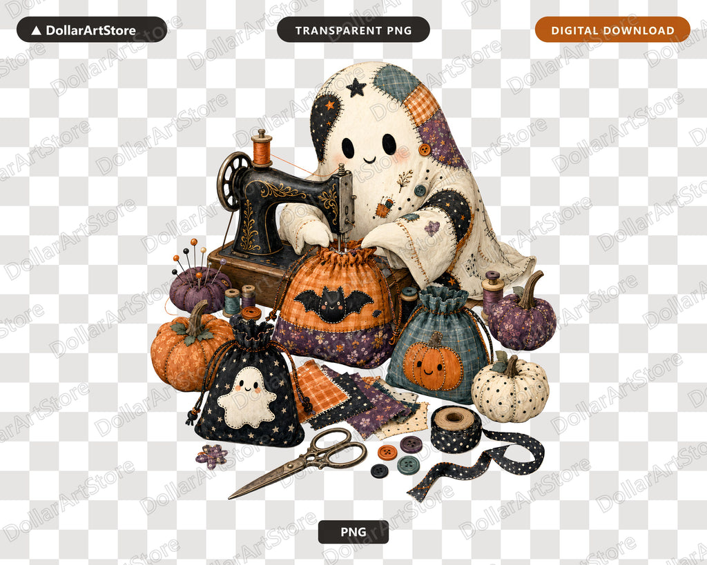 Crafting Ghost PNG, Halloween Sublimation Design, Sewing Witch Shirt Print