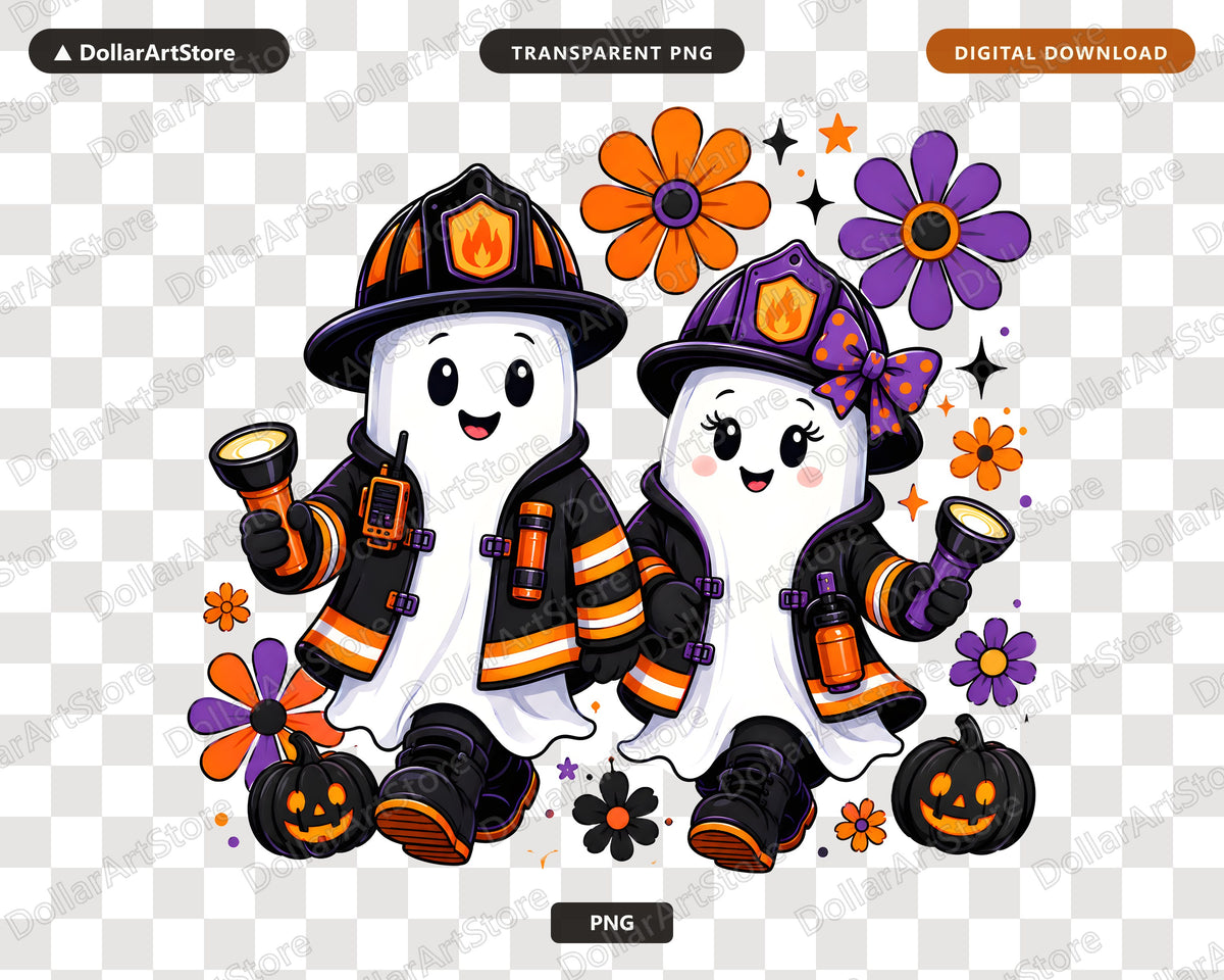 Cute Firefighter Ghosts PNG, Halloween Sublimation Design, Shirt Design Digital Download