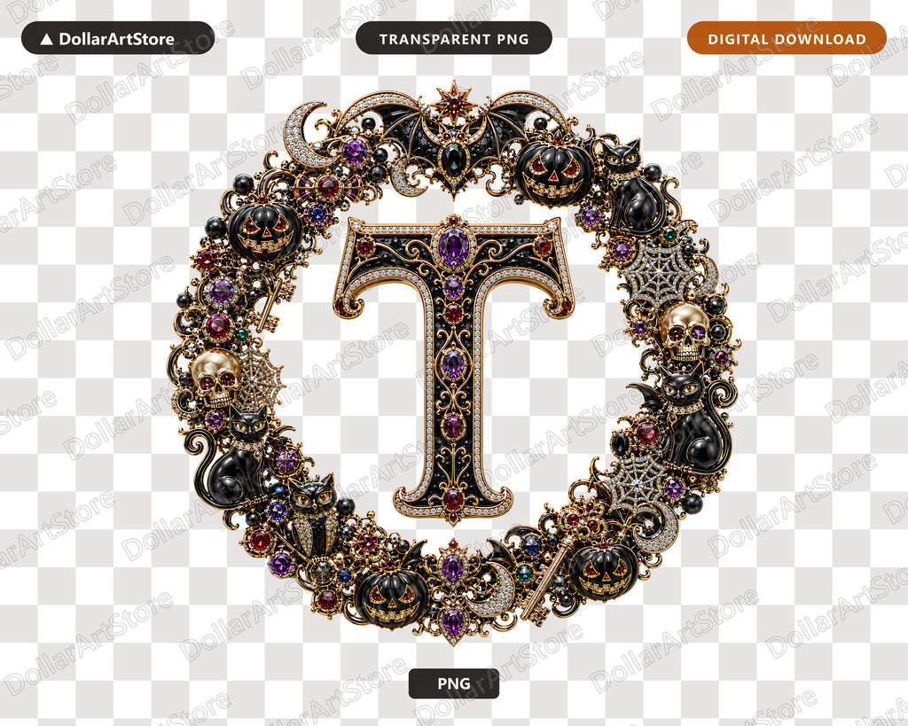 Halloween Monogram T PNG, Gothic Ornate Letter Design, Sublimation Shirt Design