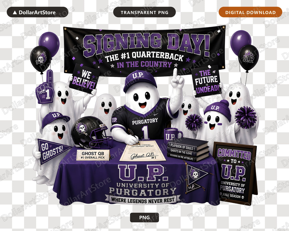 Cute Ghost Quarterback Football PNG, U of Purgatory Signing Day, Sublimation Design