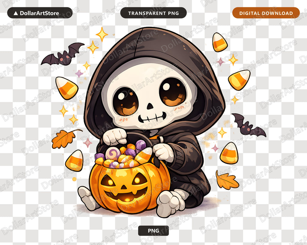 Cute Skeleton Grim Reaper PNG, Halloween Sublimation Design, Shirt & Tumbler