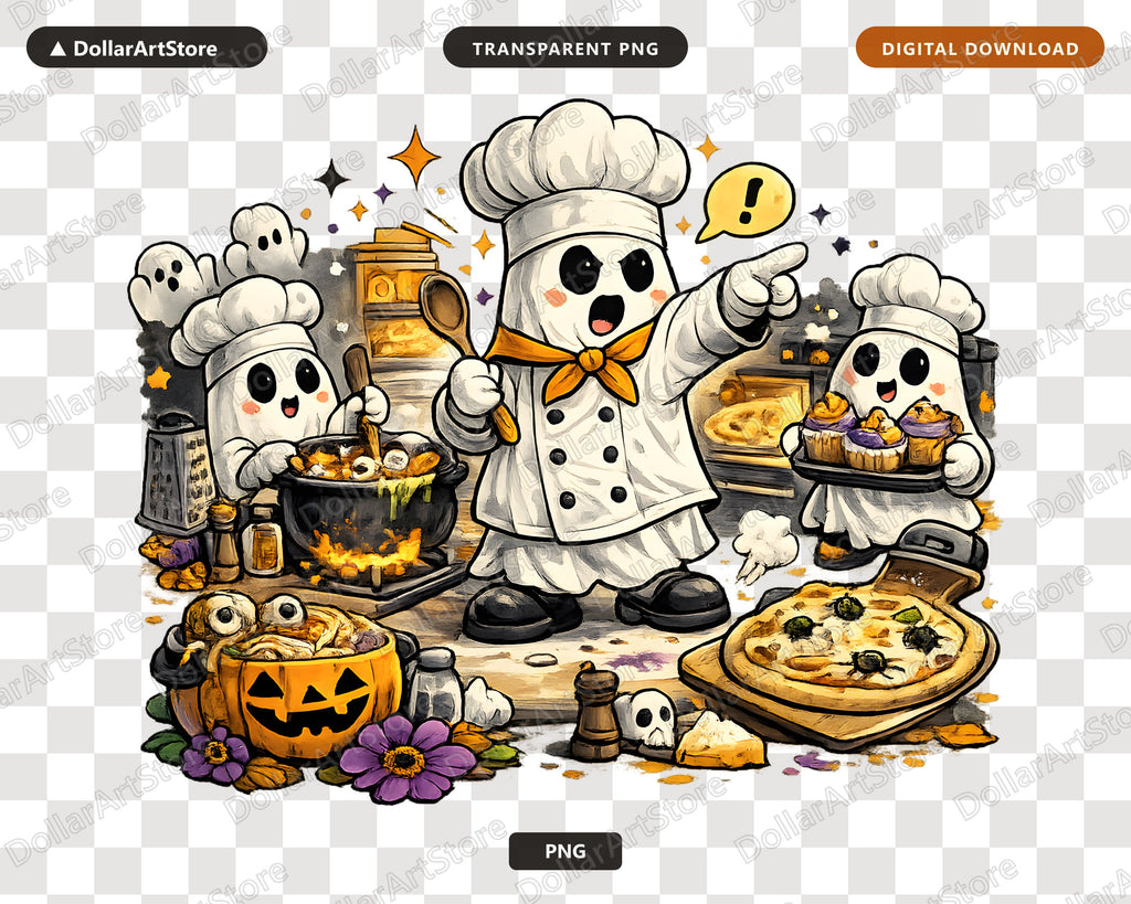 Cute Halloween Ghost Chef PNG, Sublimation Design, Shirt & Mug Design